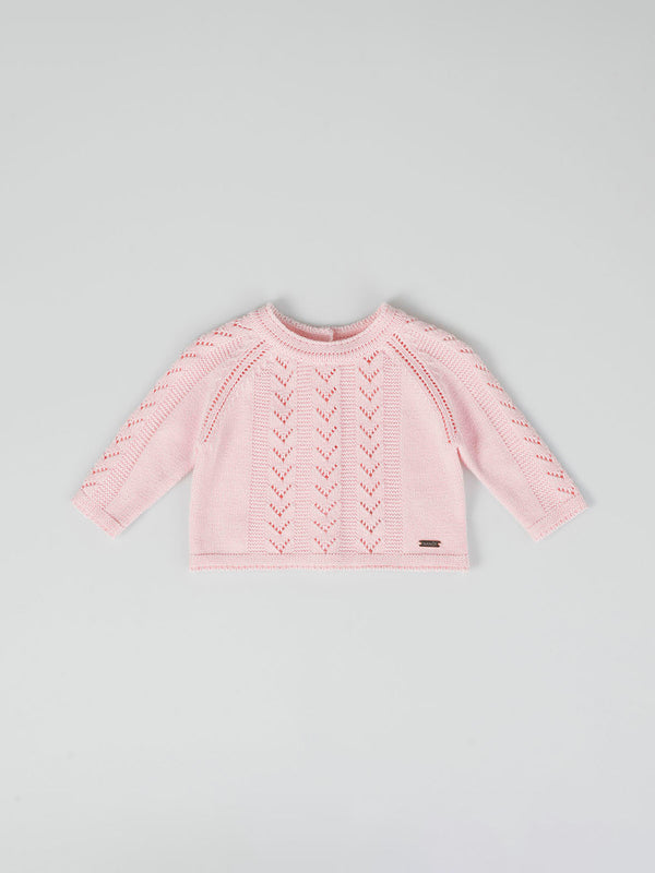 LIGHT PINK OPENWORK LINKS RAGLAN SLEEVE KNITTED JERSEY