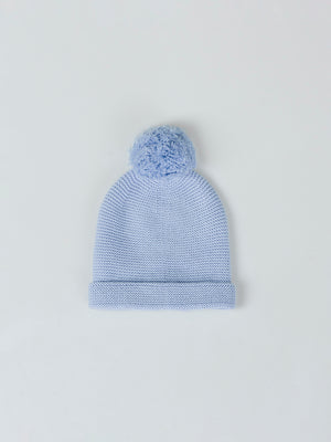 GREY BLUE POMPOM KNITTED HAT