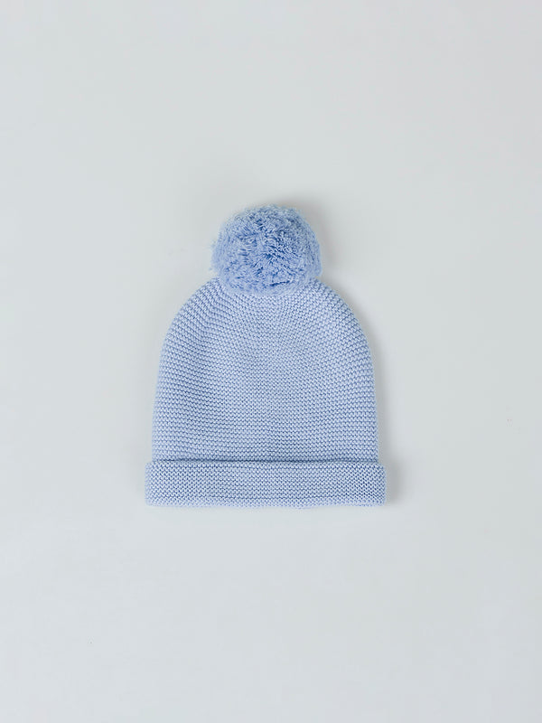 GREY BLUE POMPOM KNITTED HAT