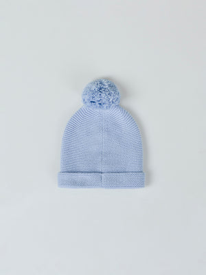 GREY BLUE POMPOM KNITTED HAT