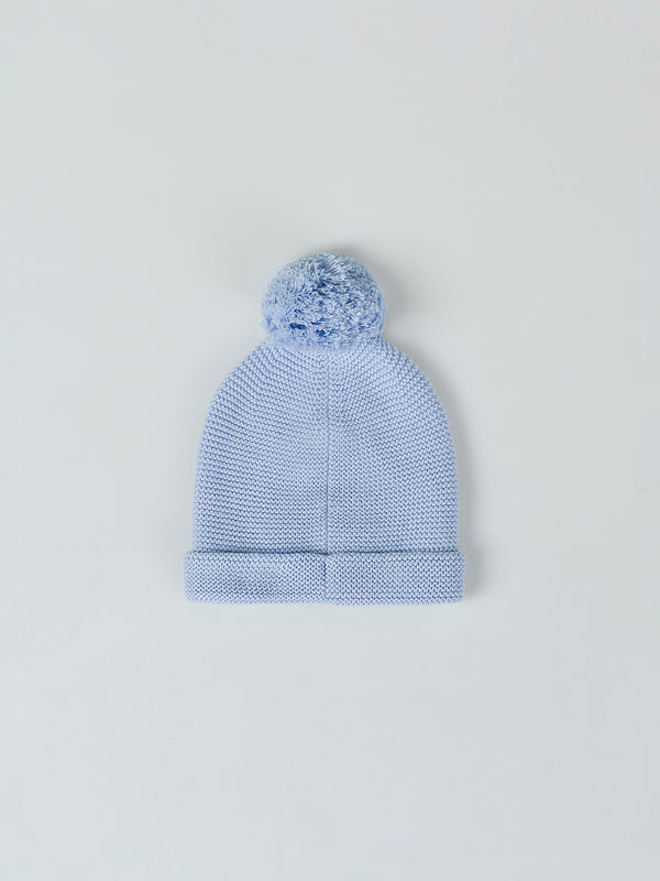 GREY BLUE POMPOM KNITTED HAT