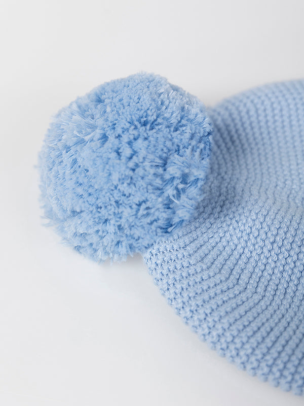 GREY BLUE POMPOM KNITTED HAT