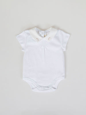 SHORT SLEEVE BODYSUIT WITH COMBINED FABRIC NECK IN PURE WHITE