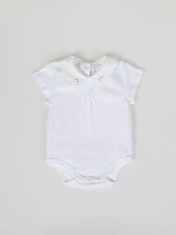 SHORT SLEEVE BODYSUIT WITH COMBINED FABRIC NECK IN PURE WHITE