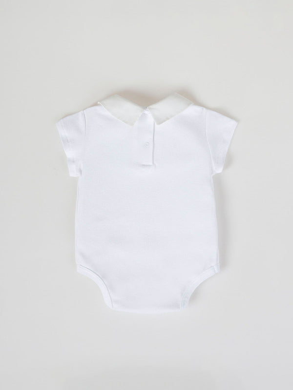 SHORT SLEEVE BODYSUIT WITH COMBINED FABRIC NECK IN PURE WHITE