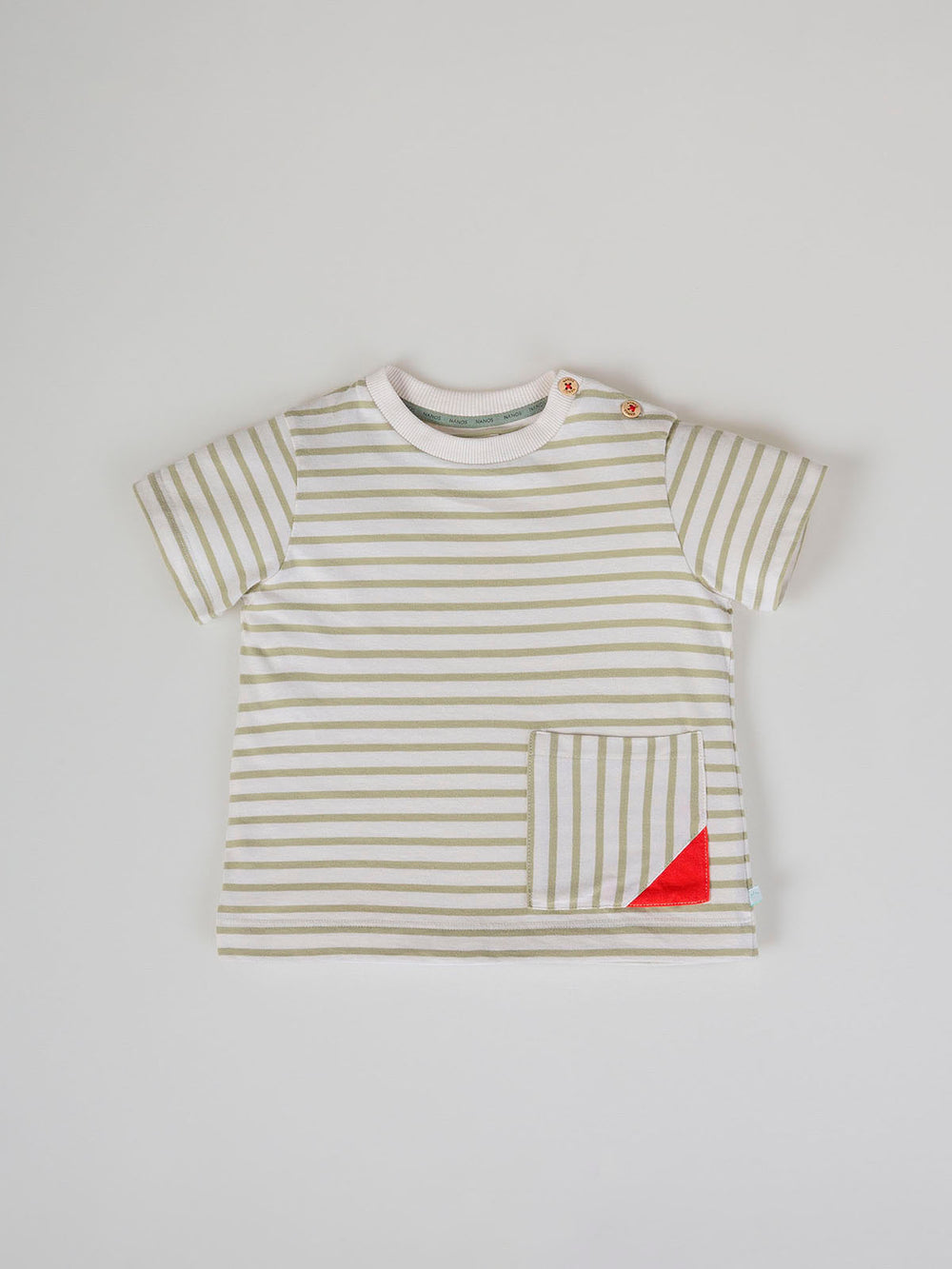 SHORT SLEEVE T-SHIRT WITH GREEN STRIPES AND CONTRAST POCKET CREAM