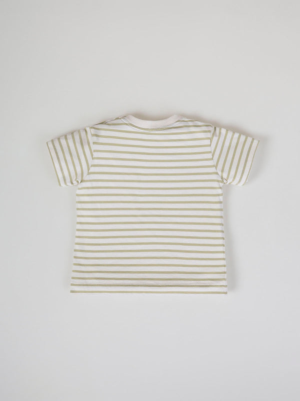 SHORT SLEEVE T-SHIRT WITH GREEN STRIPES AND CONTRAST POCKET CREAM