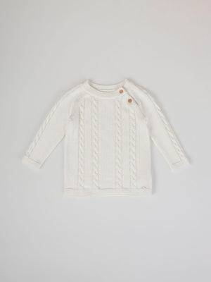 KNITTED JUMPER WITH RAGLAN SLEEVES AND CREAM CABLES