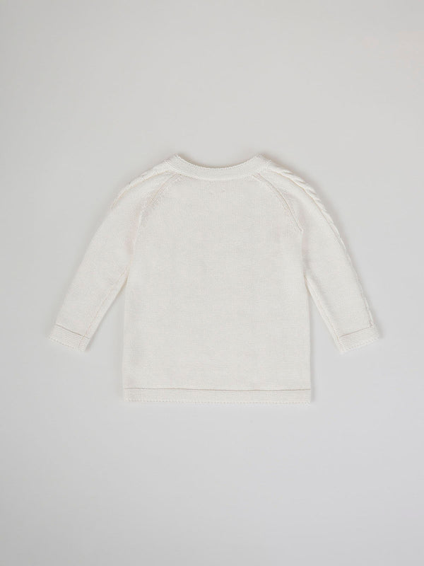 KNITTED JUMPER WITH RAGLAN SLEEVES AND CREAM CABLES