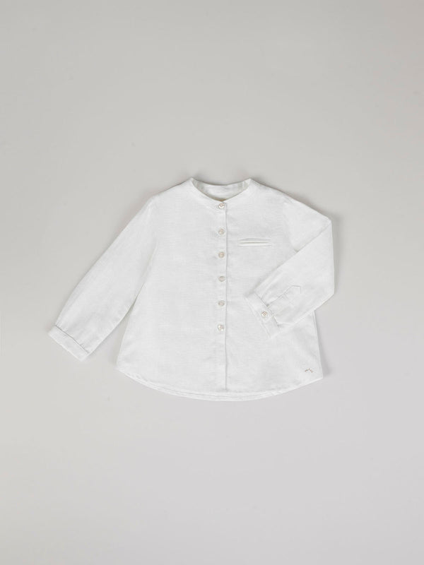 PURE WHITE MAO COLLAR LONG SLEEVE LINEN SHIRT