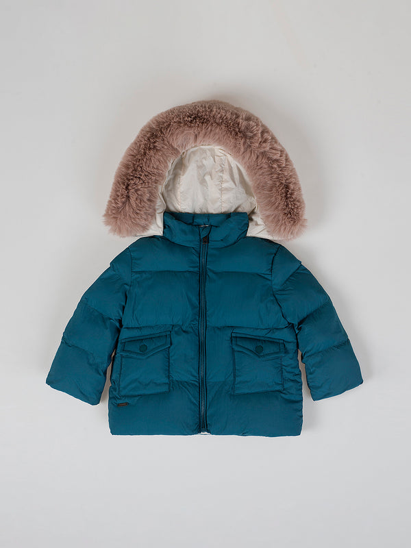 DOWN JACKET WITH HOOD AND BOTTLE GREEN FUR