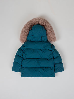 DOWN JACKET WITH HOOD AND BOTTLE GREEN FUR