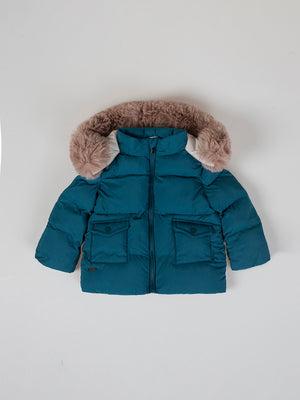 DOWN JACKET WITH HOOD AND BOTTLE GREEN FUR