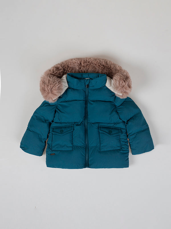 DOWN JACKET WITH HOOD AND BOTTLE GREEN FUR