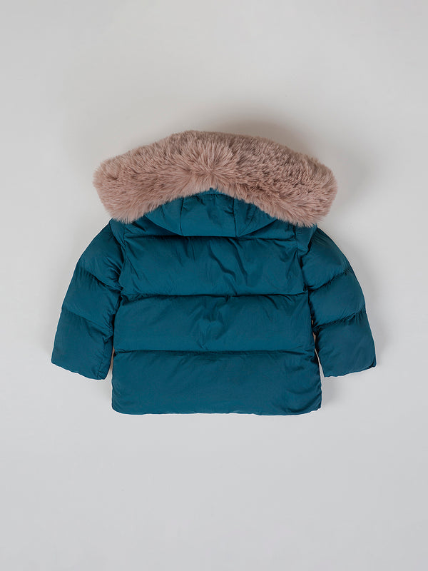 DOWN JACKET WITH HOOD AND BOTTLE GREEN FUR