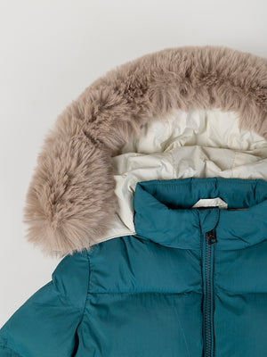 DOWN JACKET WITH HOOD AND BOTTLE GREEN FUR