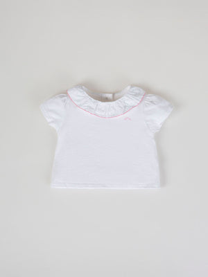 SHORT SLEEVE T-SHIRT WITH CREAM EMBROIDERED FABRIC NECK