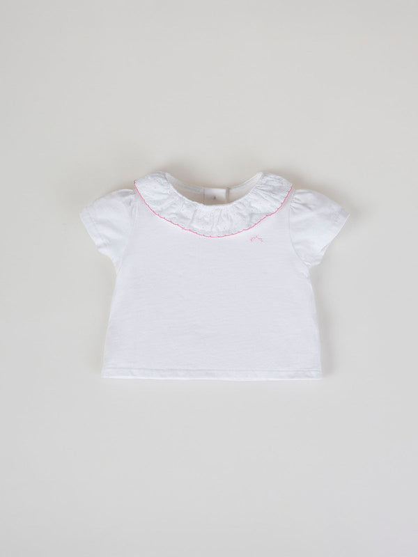 SHORT SLEEVE T-SHIRT WITH CREAM EMBROIDERED FABRIC NECK