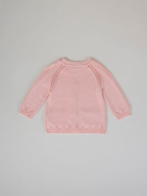 OPENWORK KNITTED CARDIGAN WITH PINK EMBROIDERY SLEEVES