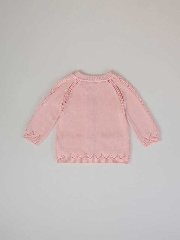 OPENWORK KNITTED CARDIGAN WITH PINK EMBROIDERY SLEEVES