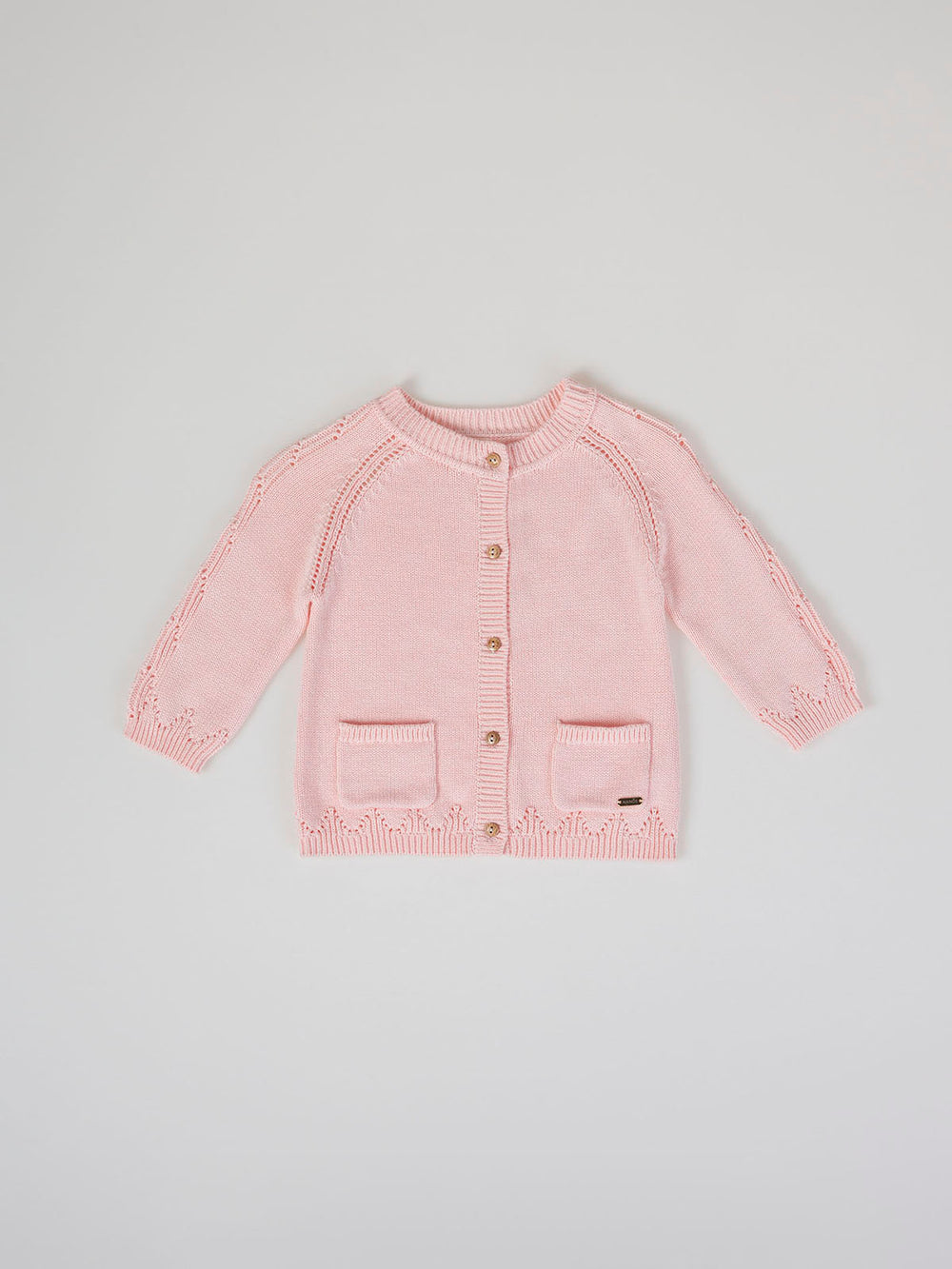 OPENWORK KNITTED CARDIGAN WITH PINK EMBROIDERY SLEEVES