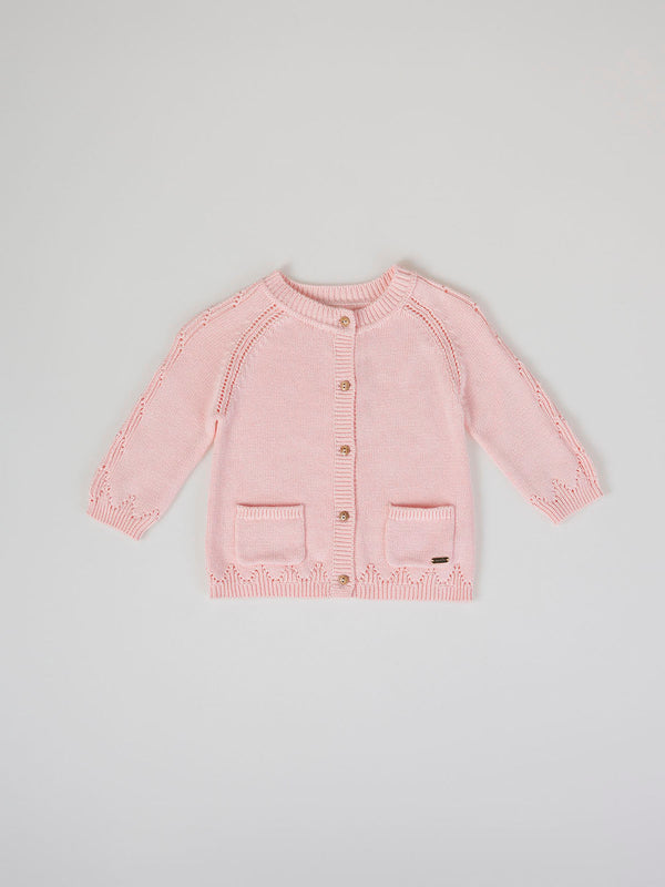 OPENWORK KNITTED CARDIGAN WITH PINK EMBROIDERY SLEEVES