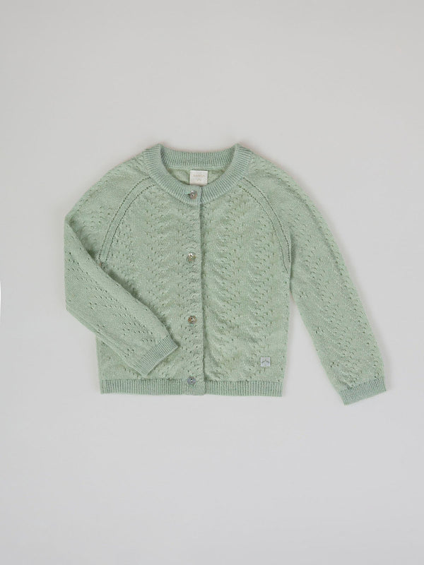 OPENWORK KNITTED CARDIGAN WITH LIGHT GREEN RAGLAN SLEEVES