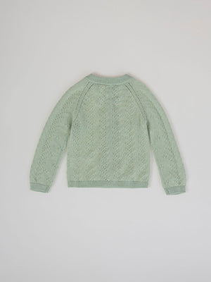 OPENWORK KNITTED CARDIGAN WITH LIGHT GREEN RAGLAN SLEEVES