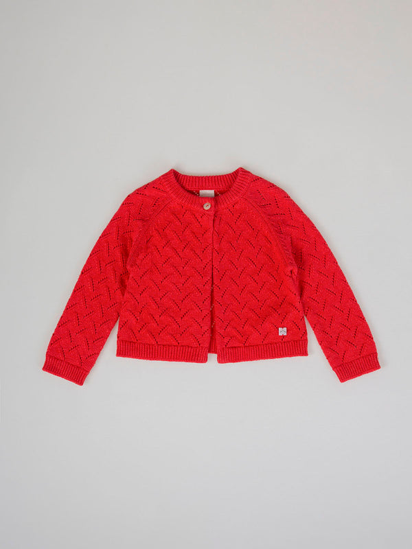 OPENWORK KNITTED CARDIGAN WITH STRAWBERRY BUTTON