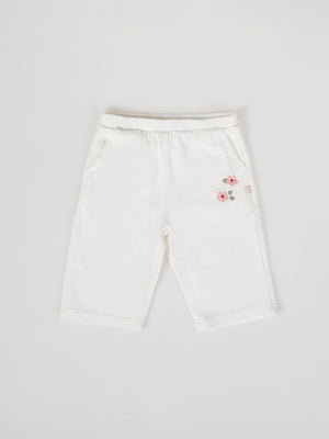 BEIGE FLOWER EMBROIDERED PLUSH PANTS