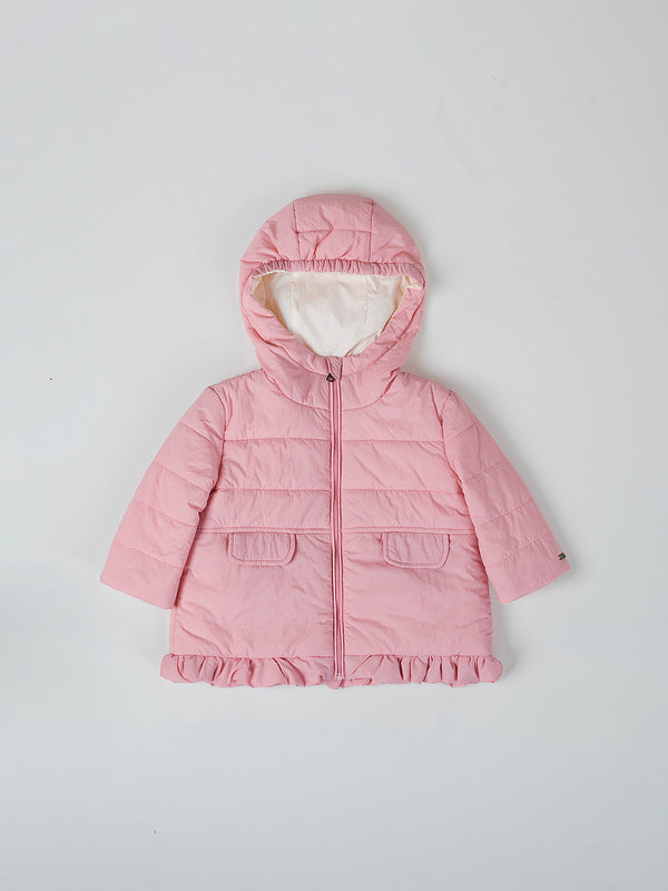 DOWN JACKET WITH HOOD AND RUFFLE AT THE HEEL, GUM PINK