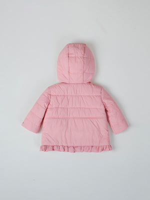 DOWN JACKET WITH HOOD AND RUFFLE AT THE HEEL, GUM PINK