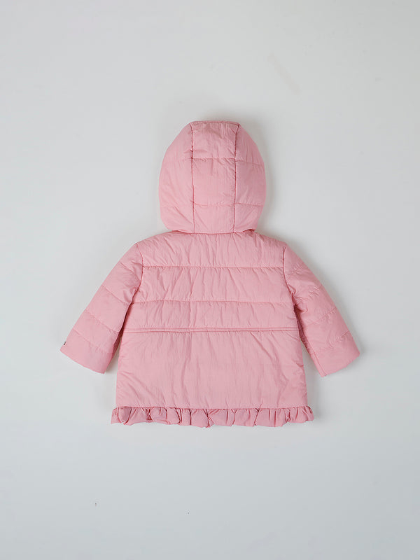 DOWN JACKET WITH HOOD AND RUFFLE AT THE HEEL, GUM PINK