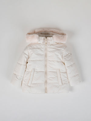 IVORY DOWN JACKET WITH REMOVABLE FUR HOOD