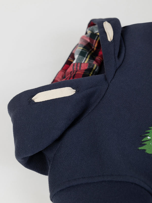 NAVY BLUE PLAID LINED HOODED SWEATSHIRT