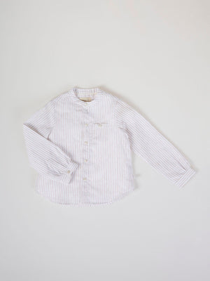 STRIPED LINEN SHIRT WITH HAZELNUT MAO COLLAR