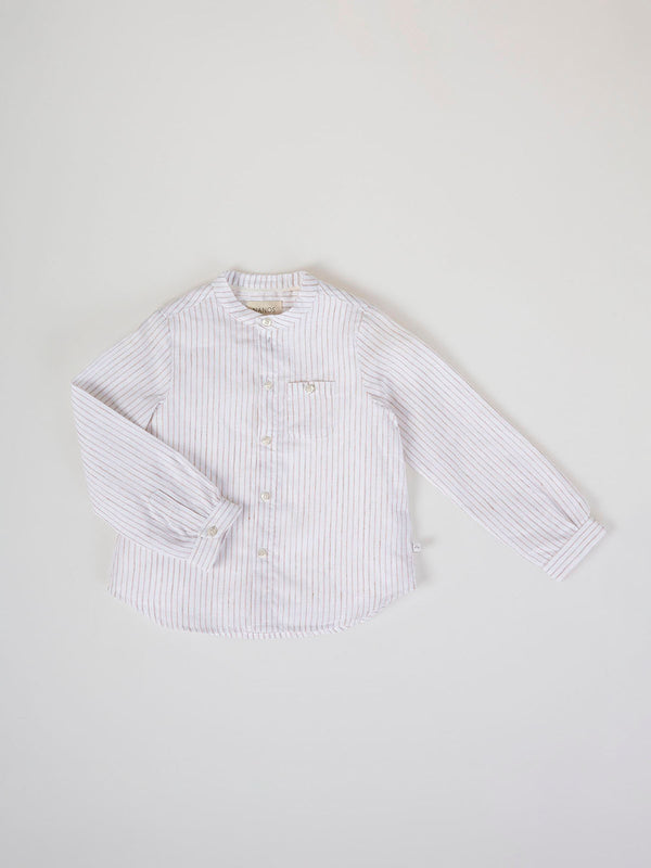 STRIPED LINEN SHIRT WITH HAZELNUT MAO COLLAR