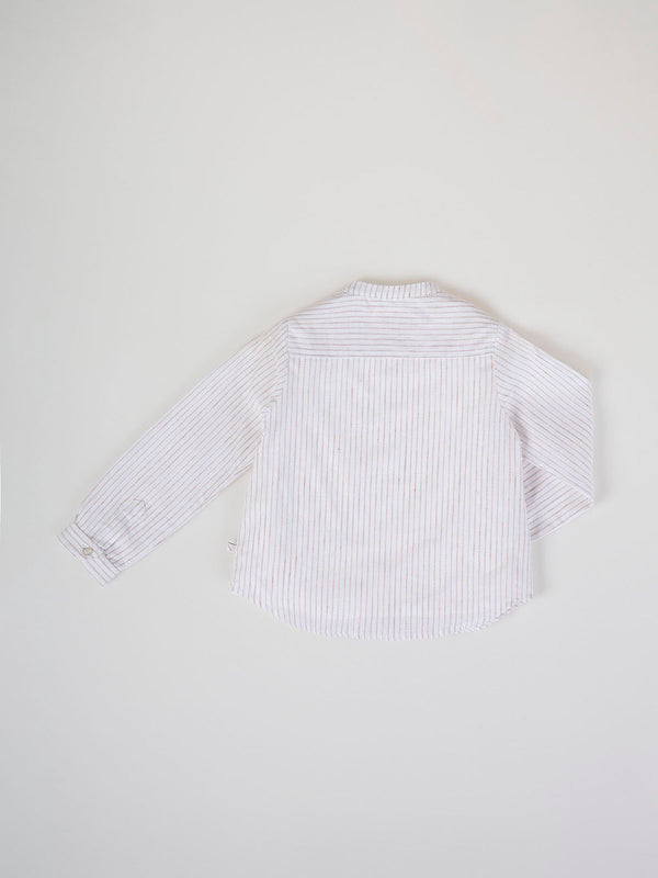 STRIPED LINEN SHIRT WITH HAZELNUT MAO COLLAR