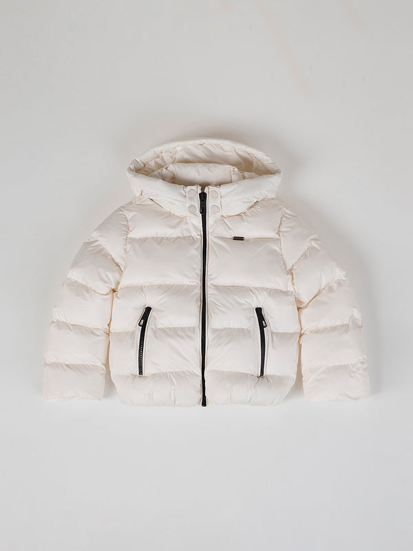 IVORY CONTRAST ZIPPER HOODED DOWN JACKET