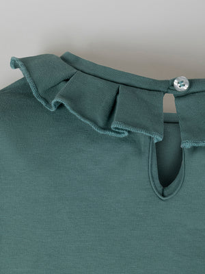 BOTTLE GREEN FROG RUFFLE NECK T-SHIRT