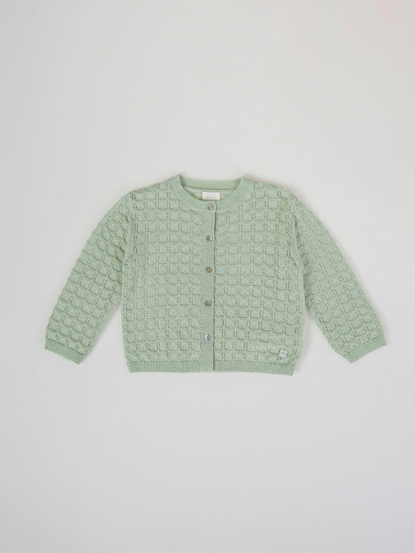 OPENWORK KNITTED CARDIGAN WITH LIGHT GREEN FANTASY BUTTON