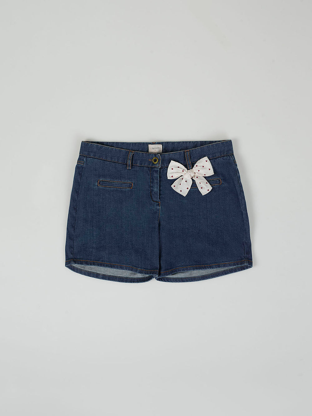 DENIM SHORTS WITH NAVY BLUE BOW DETAIL