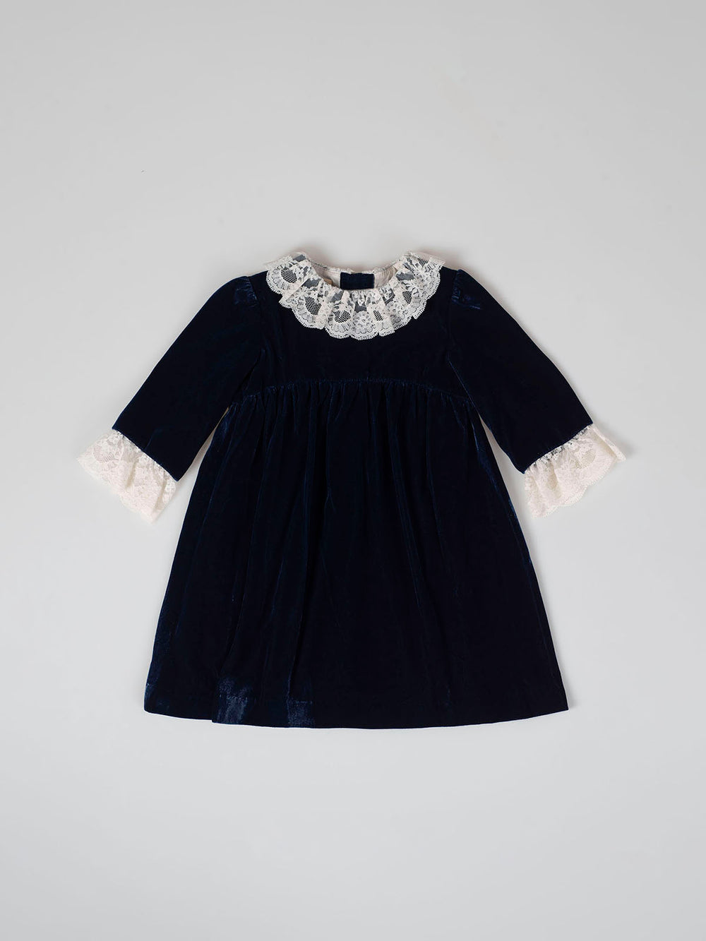 NAVY BLUE VELVET DRESS WITH LACE COLLAR AND CUFFS