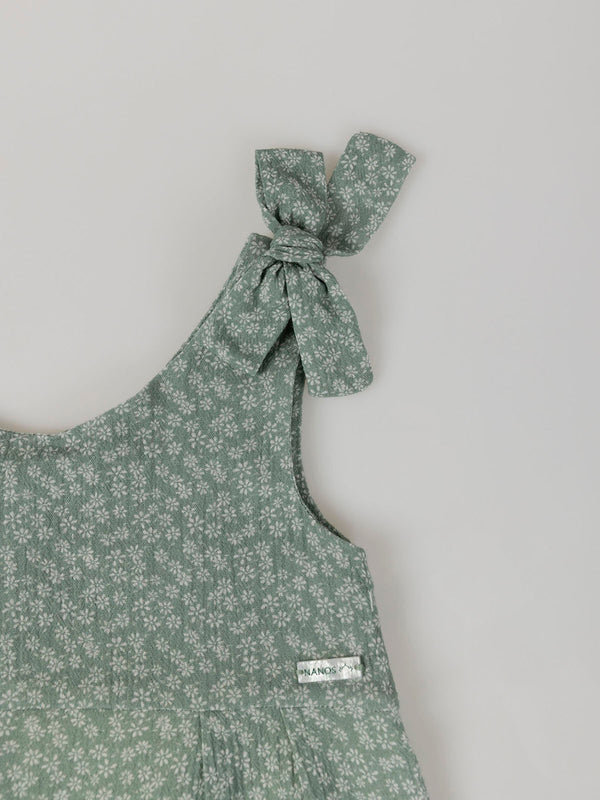 GREEN DAISY PRINT JUMPSUIT WITH BOW ON STRAPS