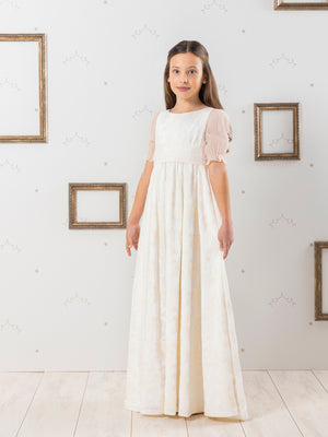 BEIGE EMBROIDERED SILK FIRST COMMUNION DRESS