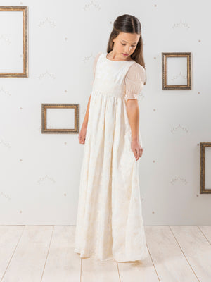 BEIGE EMBROIDERED SILK FIRST COMMUNION DRESS