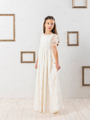 BEIGE EMBROIDERED SILK FIRST COMMUNION DRESS