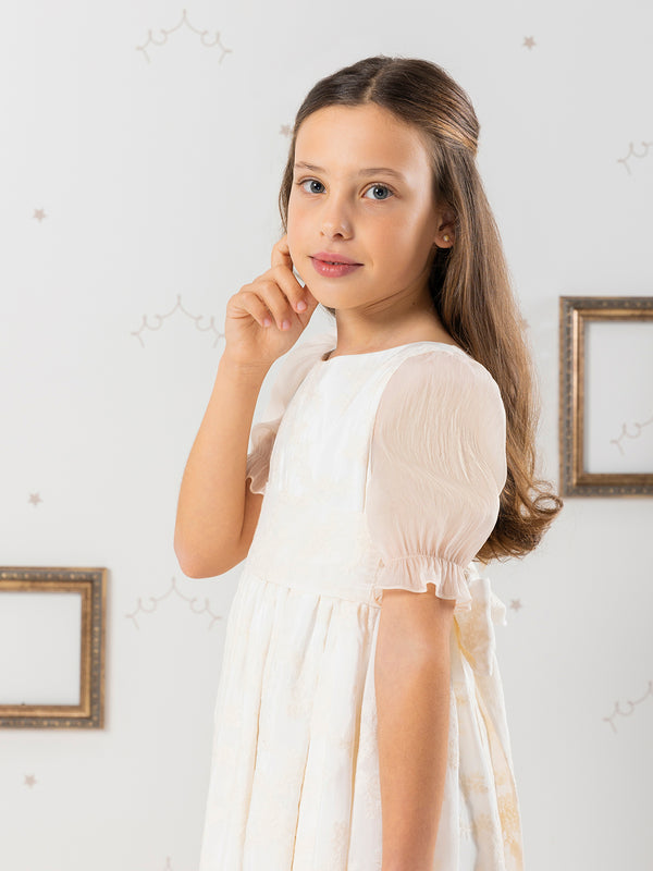 BEIGE EMBROIDERED SILK FIRST COMMUNION DRESS