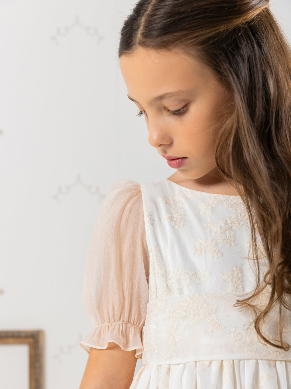 BEIGE EMBROIDERED SILK FIRST COMMUNION DRESS