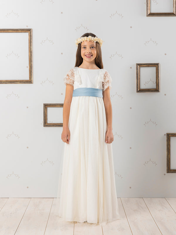 FIRST COMMUNION DRESS WITH BLUE LACE BOW